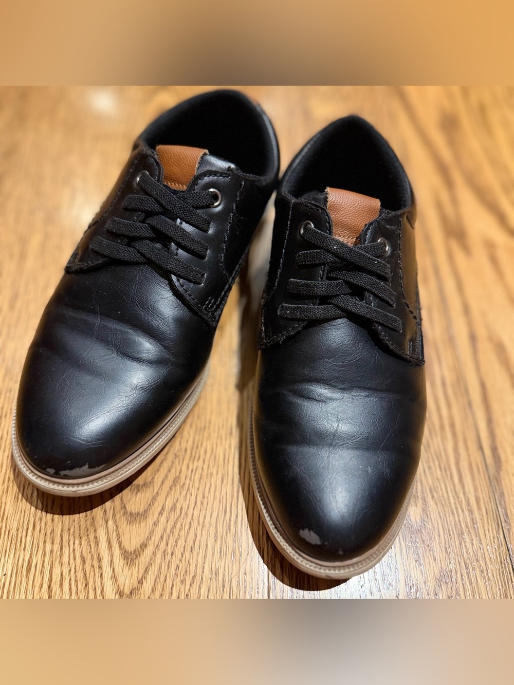 Boys Black Leather Laced Slip On Dress Shoes with Tan Accent size 1M